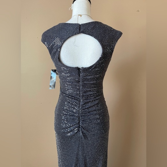 X BY XSCAPE | Gunmetal Gray Sequin Draped Neck Open Back Gown - Picture 7 of 11